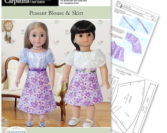 Bluse und Rock 18-Zoll-Puppenkleidung PDF Pattern, verschiedene Größen für schlanke Carpatina und normale 18-Zoll-Puppen wie American Girl® und Gotz