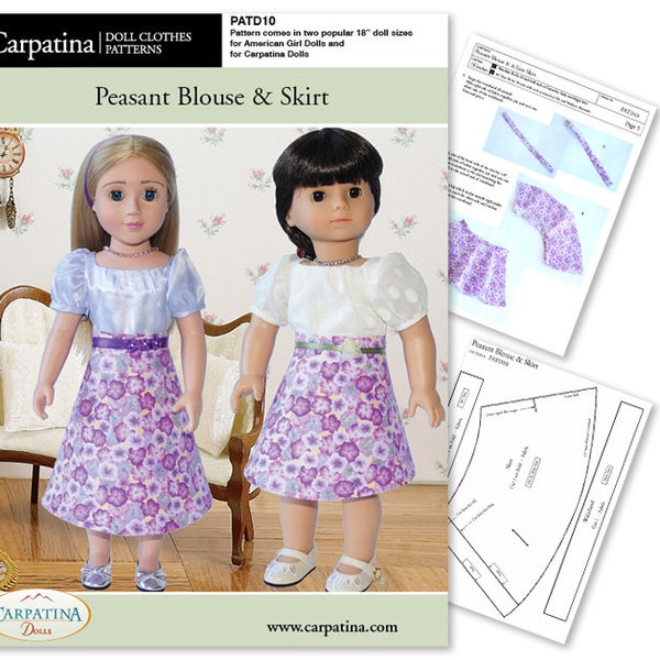 Doll Blouse & Skirt Carpatina Pattern as Downloadable PDF, Comes in 2 sizes: for 18" American Girl and Carpatina dolls