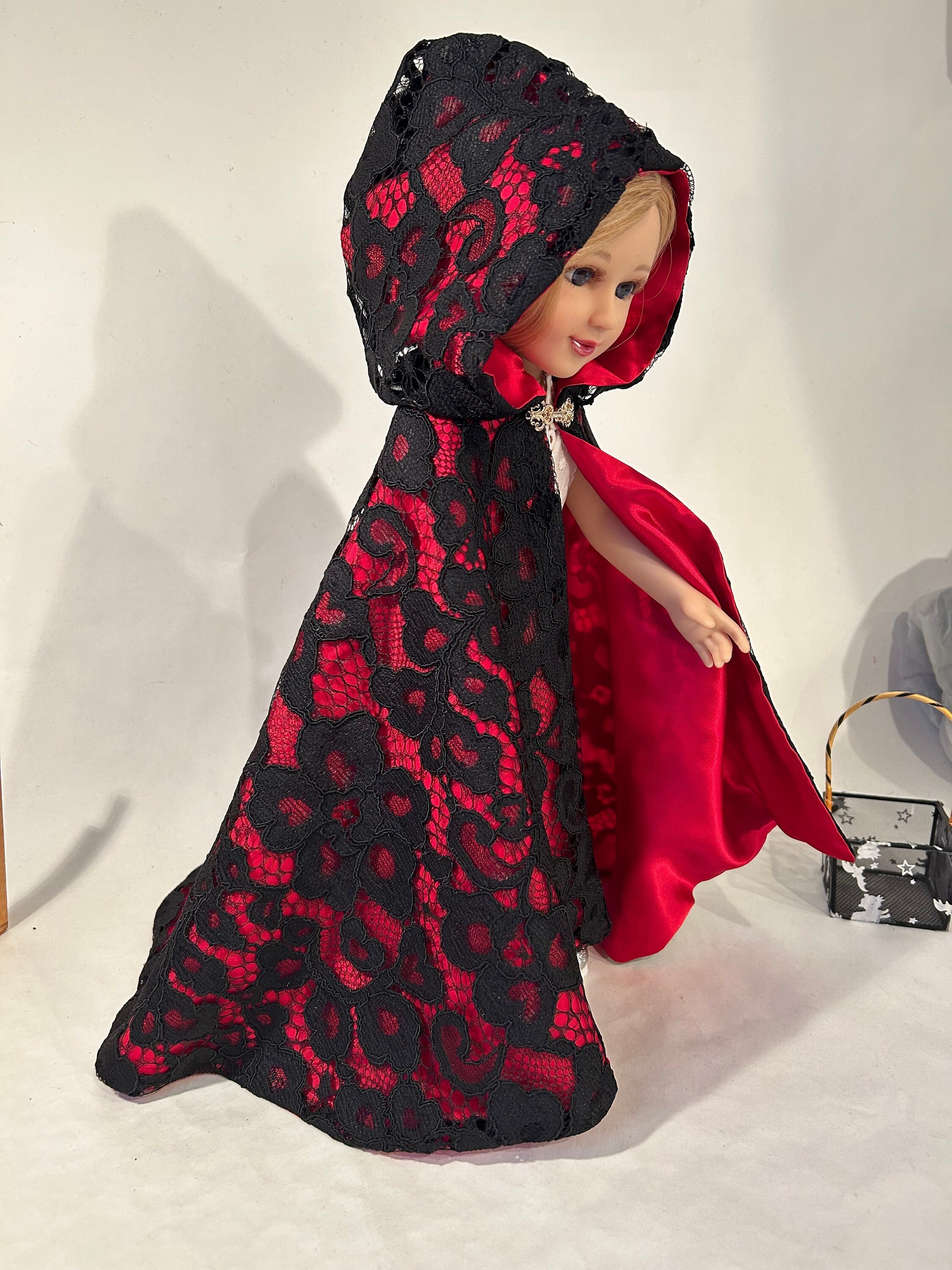 Black Lace Doll Cloak with Hood and Red Satin lining Made for all 18" Dolls such as Carpatina or American Girl - Hand Made in USA