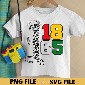 May include: White t-shirt featuring the word "Juneteenth" in a script font. The numbers "1865" are in red, yellow, and green. A small camera hangs on the left side of the shirt. The bottom of the shirt has the words "PNG FILE" and "SVG FILE".