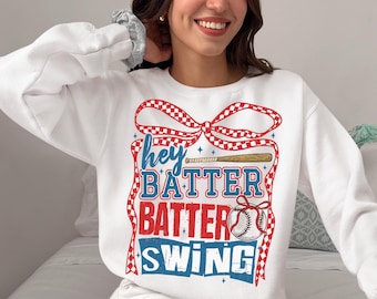 Hey Batter Batter Swing PNG, Baseball Bow Clipart, Red White Blue Baseball Sublimation, Game Day Mom Shirt Design, Retro Baseball SVG
