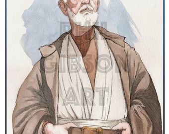 Original Obi Wan Kenobi Art Print 12" x 16" Star Wars Watercolor Jedi Knight Lightsaber Movie Poster