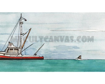Original JAWS &quot;ORCA Chase&quot; Great White Shark Boat Art Print Vintage Poster by Phil Gibson
