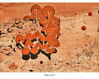 Shrooms Original Mushroom Art Print by Phil Gibson Woodstock The Dead