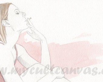 May include: A watercolour illustration of a woman with long brown hair, wearing a red tank top, sitting with her arm resting on her knee and looking to the right. She is holding a cigarette in her hand.
