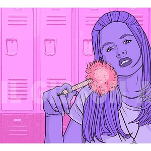 May include: A purple-haired woman in a white shirt stands in front of pink lockers. She holds a pink pom-pom in her right hand.