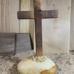 Walnut Standing Cross on Stone Base, Christian Home Decor, Baptism or Sympathy Gift, Religious Shelf Decor