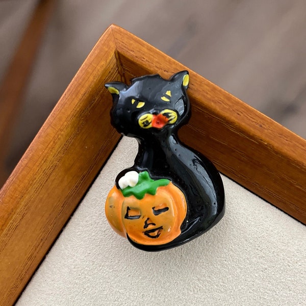 1950s 1960s Halloween Black Cat and Pumpkin Novelty Brooch - Vintage Halloween Brooch Pin - Vintage Halloween Jewelry