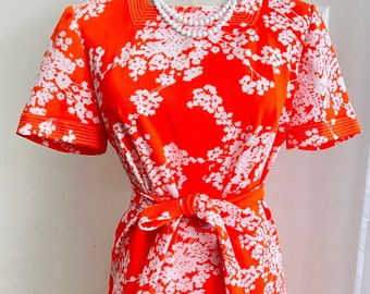 1960s Leslie Fay Knits - Bright Orange and White Floral Print - 3 Piece Outfit - Size M/L