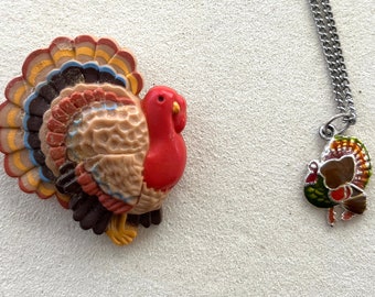 Vintage Thanksgiving Turkey Brooch and Necklace/Novelty Brooch/Novelty Jewelry/Thanksgiving Jewelry