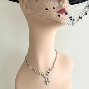 Glamorous 1950s Rhinestone Necklace with Dazzling Center Drop - Vintage Cocktail Necklace - Retro Glam