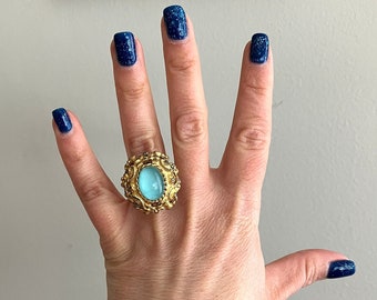 1960s Sarah Coventry - Blue Moonglow - Gold Tone Adjustable Band - Cocktail Costume Statement Ring