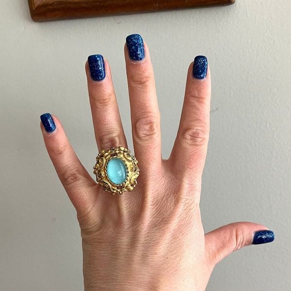 1960s Sarah Coventry - Blue Moonglow - Gold Tone Adjustable Band - Cocktail Costume Statement Ring