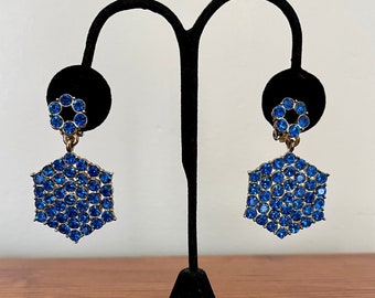 1950s Glamorous Blue Rhinestone Hexagon Shape Dangle Clip On Earrings / Vintage Costume Jewelry / Vintage Cocktail Earrings