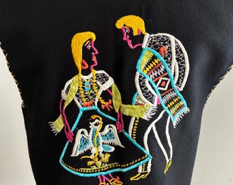 Vintage 1970s Mexican Souvenir Black Felt Vest Embroidered Western Fringe Boho Folk Art