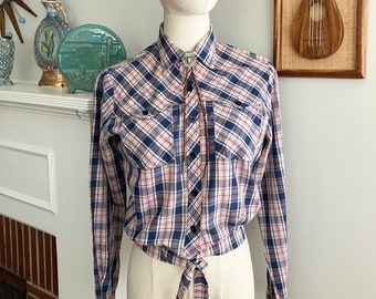 1970s Sears - Vintage Blue Plaid Tie Front Long Sleeve Top with Pockets - Size M