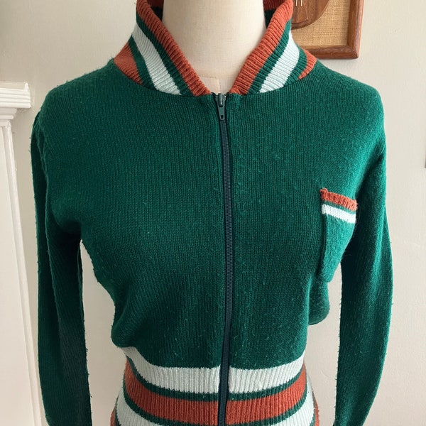 1970s Majestic Knitwear - Green and Brown Striped Zip Front Cardigan Sweater - Size Small