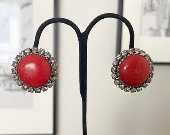 1950s Red Rhinestone Vintage Clip On Earrings/Vintage Cocktail Jewelry/Vintage Red Earrings