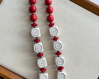 Vintage Red and White Chunky Carved Wooden Necklace