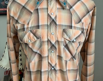 1960's Block Buster Orange Plaid Western Cowboy Shirt - Size L / Vintage Pearl Snap Shirt / Vintage Western Shirt