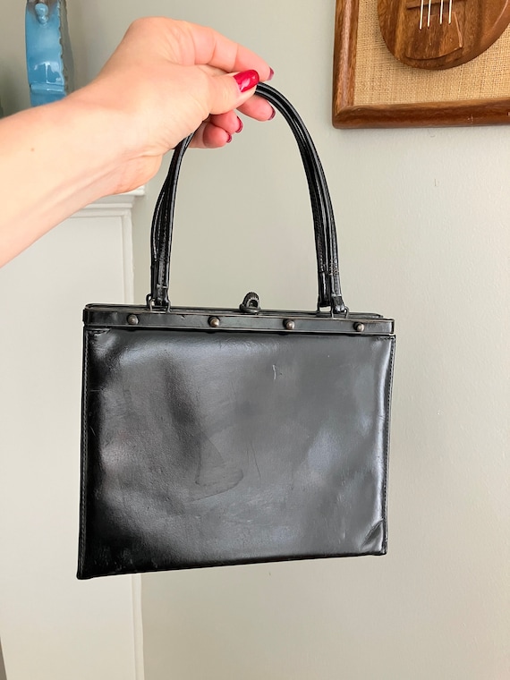 1940s Dey Modell Black Leather Studded Handbag / V