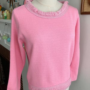 1960s Pink Knit Top with Metallic Fringe Trim - Orlon Acrylic - Size S/M
