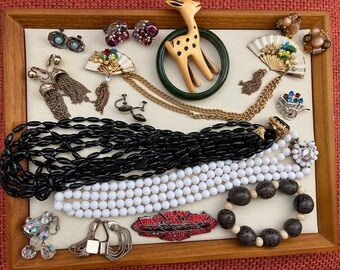 Vintage Jewelry Lot - 15 Pieces - Earrings Necklaces Brooches Bakelite Bangle