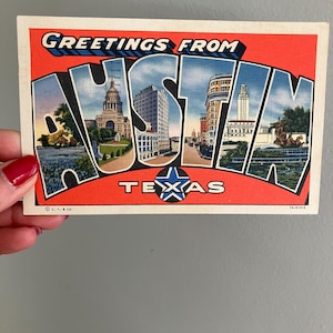 Cartão postal "Saudações de Austin, Texas", de 1938 • Cartão de linho vintage Curt Teich • Cena do Capitólio
