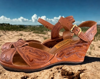 Vintage 1940s 1950s Gaitan Hand Tooled Leather Wedge Sandals Mexico Boho Western Size 7