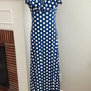 1960s Vintage Blue and White Polka Dot Ruffle Neck Sleeveless Maxi Dress-XS/S