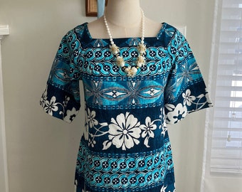 Vintage 1960's Lauhala - Blue Hawaiian Barkcloth Tiki Dress with Side Pocket - Size S