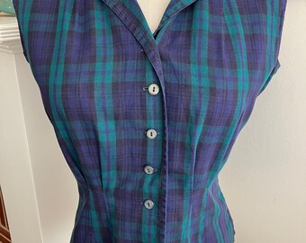 1950s Vintage Sandorables - Green Blue Plaid Cotton Fitted Sleeveless Button Front Top - Size S