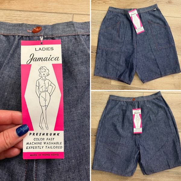 1950s 1960s Jamaica High Waist Denim Pocketed Shorts NOS-Waist 25 Hip 38