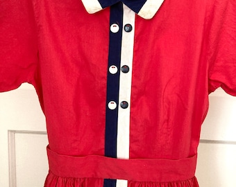1950s Girls Red White and Blue Striped Cotton Tie Back Button Dress-28" Chest 21" Waist