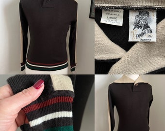 1970s Kennington Ltd California-Brown Acrylic Pullover Knit with Contrast Collar and Striped Edges-Size Large