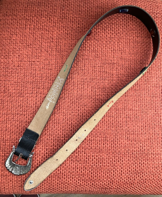 Vintage 1980s Tooled Black Leather Belt with Gems… - image 8