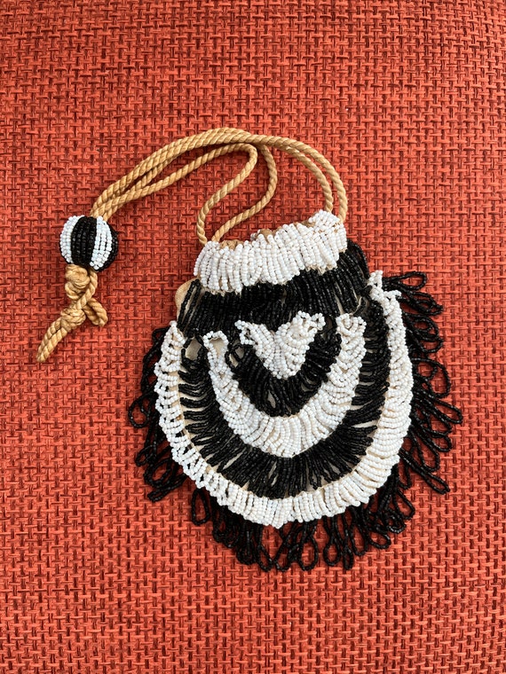 1920s Unique Black and White Beaded Fringed Bag/19