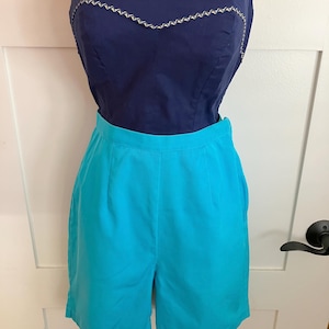 1960s S.S. Kresge (K-Mart) Turquoise Blue Cotton High Waist Shorts - Size XS | Retro Summer Style | Vintage Shorts