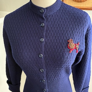 1950s Poodle Cardigan: Vintage Navy Blue Knit Sweater, Rhinestone Detail - Rockabilly Style