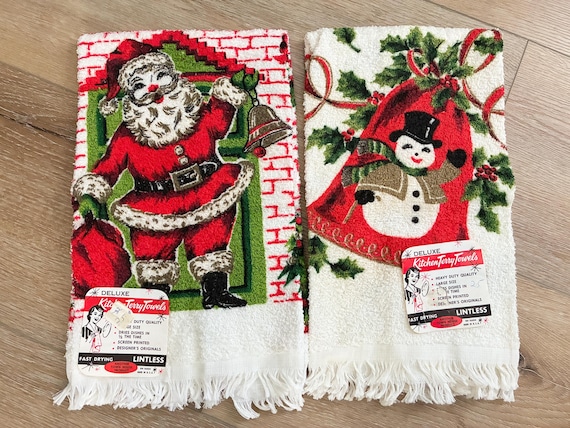 1950s Christmas Kitchen Towels Set | Santa & Snowman, NOS Cannon