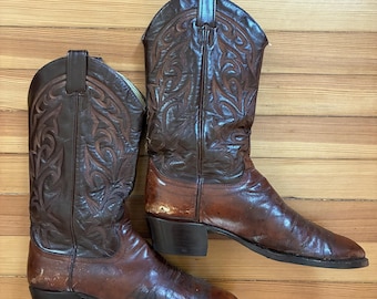 Vintage Larry Mahan Cowboy Boots 9.5 D | Made in Texas Brown Leather Western Boots | 1980s Embroidered Ranch Boots