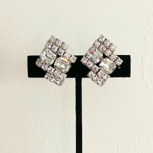 Vintage Rhinestone Clip-On Earrings - Sparkling Rectangular 1950s Jewelry
