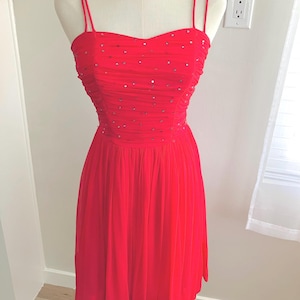 Vintage 1950s Red Rhinestone Chiffon Cocktail Dress - Size XS