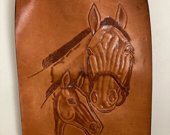 Vintage Hand Tooled Leather Horse Theme Wall Hanging / Vintage Western Decor / Vintage Western Wall Hanging