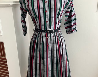 1950s Virginia Gay - Multi Color Striped Button Front Cotton Fit and Flare Day Dress with Rhinestone Accent - Size S