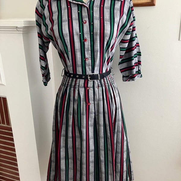 1950s Virginia Gay - Multi Color Striped Button Front Cotton Fit and Flare Day Dress with Rhinestone Accent - Size S