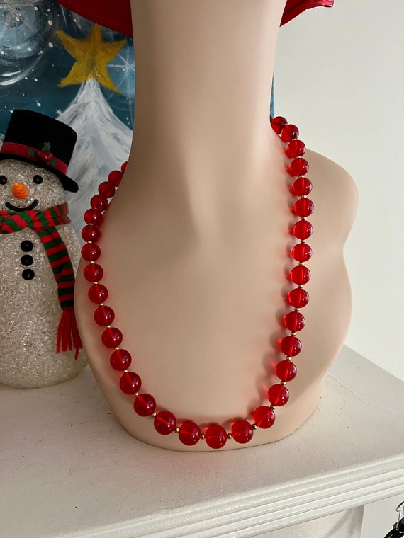 1980s Red Beaded Long Necklace / Vintage Red Beade