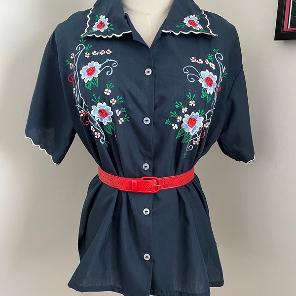 1960s 1970s Madame Lissette Blue Floral Embroidered Blouse-Made in Mexico-Size 36