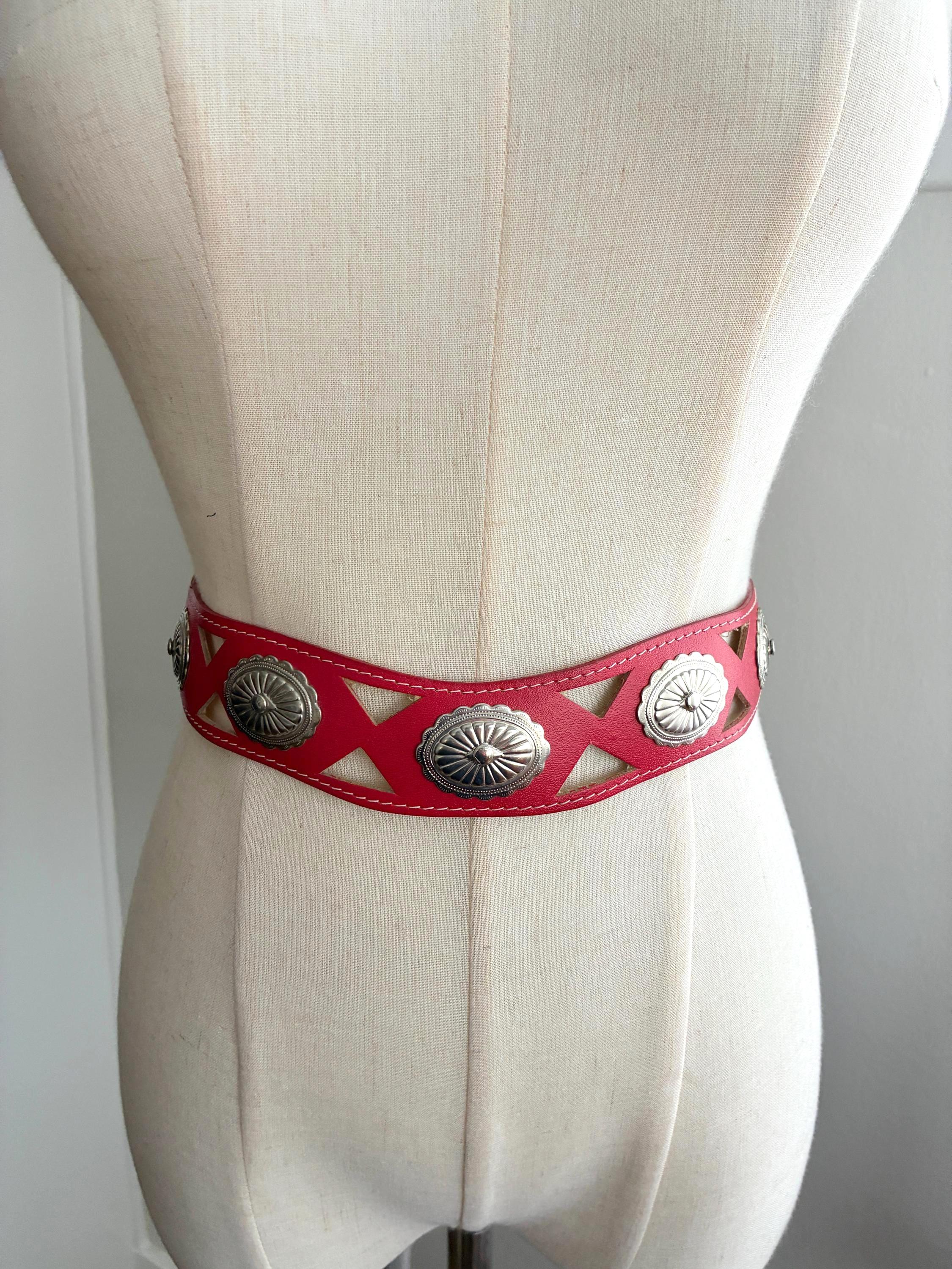 Vintage cowgirl concho belt red leather silver tone metal disc Small fit 30-35”. Red Leather and Silver Metal Western Style Concho Biker Belt  main image 3