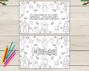 May include: Two black and white coloring pages featuring a Christmas theme. The pages include a gingerbread house, a penguin, a snowman, a reindeer, a nutcracker, a Christmas tree, and Santa Claus. The name "MICHAEL" is written at the top of each page.